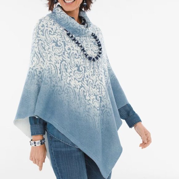 NEW! CHICO'S Denim PAISLEY PONCHO OSFA - Picture 1 of 4